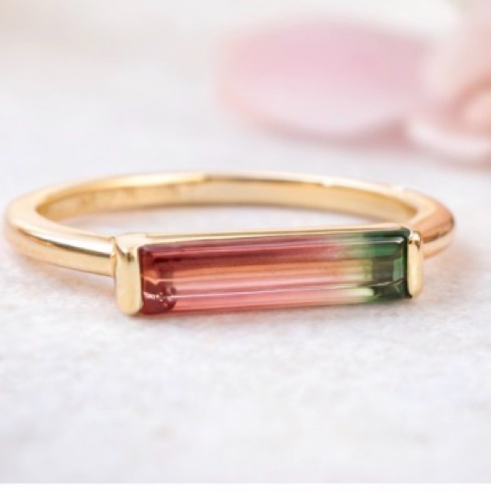 Watermelon Tourmaline Ring Natural Bi Color Bar Gold Plated Unique